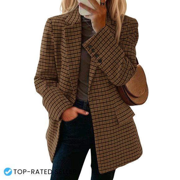 Jackets & Blazers - Plaid Houndstooth Wool Blazer Loose Fit Business Casual Elegant Suit Jacket